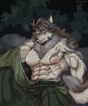 abs anthro clothing fur hair male muscular muscular_anthro muscular_male nipples pecs solo tattoo white_body white_fur salga_0310 lifewonders tokyo_afterschool_summoners temujin_(tas) canid canine canis mammal wolf 5:6 digital_media_(artwork) hi_res