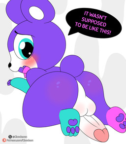 all_fours anthro balls black_nose blush blush_lines butt exclamation_point fangs fur genitals green_body green_eyes green_fur looking_back male multicolored_body multicolored_fur pawpads penis pink_body pink_fur purple_body purple_ears purple_fur purple_pawpads purple_tail rear_view sharp_teeth short_tail solo tail teeth text thick_thighs three-quarter_view tongue white_body white_fur cloudeon chikn_nuggit bearzel_(chikn_nuggit) bezel_(chikn_nuggit) bear mammal 2024 absurd_res artist_name digital_media_(artwork) english_text hi_res