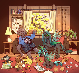 4_horns ace_of_spades anthro bottomwear bovid_horn buckteeth cabin caprine_horn card chrysalis clothing comfy dark_body dark_scales diaper drawing electronics eyewear feral fishing_rod glasses group horn joker_(playing_card) king_of_diamonds magic multi_horn plaid playing_card plushie radio ram_horn scales skirt slightly_chubby sweater teeth telekinesis topwear yellow_lizard young furufoo balatro don't_starve friendship_is_magic hasbro klei_entertainment my_little_pony mythology rain_world so_i'm_a_spider_so_what? terraria videocult changeling_anon_filly kumoko lizard_(furufoo) nyx_(furufoo) trixie_(mlp) wx-78 arachnid arthropod capybara caviid changeling dragon equid equine horse lizard mammal mythological_creature mythological_scalie pony reptile rodent scalie spider warm_colors