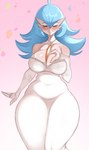 3_fingers blue_body blush breasts cleavage closed_smile clothed clothing dress eyebrows eyelashes eyes_closed female fingers jewelry mouth_closed multicolored_body necklace orange_body simple_background smile solo standing white_body saltyxodium nintendo pokemon gardevoir generation_3_pokemon humanoid pokemon_(species) hi_res