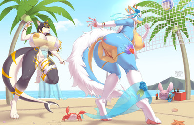 anthro beach big_breasts bikini breasts clothing duo female fur genitals hair nipples outdoor_background outside sport swimwear tail two-piece_swimsuit volleyball rainven mythology arthropod crab crustacean decapod dragon malacostracan mythological_creature mythological_scalie scalie 14:9 absurd_res hi_res