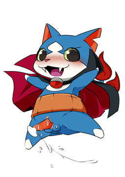 anthro anus balls blue_body blue_fur blush bodily_fluids cape clothing cum cum_on_penis erection fangs fur genital_fluids genitals intersex male maleherm open_mouth penis simple_background solo tapering_penis teeth tongue white_background white_body white_fur pu_sukebe asian_mythology east_asian_mythology japanese_mythology level-5 mythology yo-kai_watch dracunyan felid mammal nekomata vampire yokai hi_res