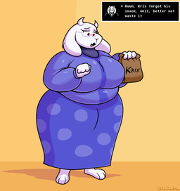 2_horns anthro barefoot belly big_breasts bottomwear breasts clothed clothing curvy_figure dialogue disappointed expression_avatar eyewear fangs feet female floppy_ears food fur glasses half-closed_eyes holding_bag holding_food holding_object horn huge_breasts inside lidded_eyes long_skirt lop_ears mature_anthro mature_female name_drop narrowed_eyes open_mouth overweight overweight_anthro overweight_female paper_bag red_eyes simple_background skirt solo sweater teeth text text_box three-quarter_view topwear wearing_glasses white_body white_fur wide_hips yellow_background johndrawfatties deltarune undertale_(series) toriel bovid caprine mammal 2025 alternate_version_at_source digital_drawing_(artwork) digital_media_(artwork) english_text full-length_portrait hi_res portrait signature