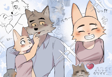 anthro barbell_piercing blush blush_lines bodily_fluids canon_couple clothing crying duo eyebrow_piercing eyelashes facial_piercing facial_tuft female finger_on_tongue fur grey_body grey_collared_shirt grey_fur heart_symbol humor long_eyelashes long_sleeve_shirt male male/female orange_body orange_fur piercing pink_clothing pink_shirt pink_t-shirt pink_topwear romantic romantic_couple shirt t-shirt tears teasing text tongue tongue_out topwear tuft yellow_eyes yellow_sclera sukai_5 dreamworks the_bad_guys diane_foxington mr._wolf_(the_bad_guys) canid canine canis fox mammal north_american_gray_wolf red_fox true_fox wolf japanese_text translation_request