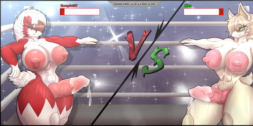 abs anthro anthro_on_anthro areola biceps big_areola big_breasts big_penis bodily_fluids breasts butt claws competition cum duo erection exhausted fighting_ring fur gameplay_mechanics genital_fluids genitals green_body green_fur gui gynomorph gynomorph/gynomorph hair health_bar huge_areola huge_breasts huge_penis humanoid_genitalia intersex intersex/intersex knot knotted_penis leaning leaning_backward leaning_on_object multicolored_body muscular muscular_anthro muscular_gynomorph muscular_intersex muscular_on_muscular nipples nude penis puffy_areola red_body sex sexual_competition sexual_fight stamina_bar standing sweat tail text thick_thighs tired two_tone_body versus white_body white_fur wrestling zadrex nintendo pokemon liko_(zora.fox) rouphtiff_(zora.fox) canid canine felid feline generation_7_pokemon generation_9_pokemon lycanroc mammal meowscarada midnight_lycanroc pokemon_(species) absurd_res digital_media_(artwork) english_text hi_res