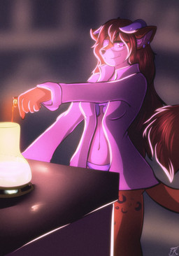 anthro breasts female furniture grin hair horn lamp lantern looking_at_viewer smile solo table firekeeper77 2015 hi_res