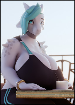 2_horns anthro big_breasts black_border black_bottomwear black_clothing black_pants black_shirt black_topwear blue_sky border bottomwear bracelet breasts chair claws cleavage clothed clothing coffee_mug collar female furniture grey_body grey_collar hair horn huge_breasts jewelry light looking_away on_chair outside pants pointy_ears pupils shirt short_hair sitting sitting_on_chair skindentation sky slit_pupils smile solo spikes spikes_(anatomy) sunlight table teal_eyes teal_hair topwear white_sky thenicedragon gravvure_(modeler) remanedur_(modeler) mythology marzi_(wrendog) dragon mythological_creature mythological_scalie scalie 3d_(artwork) digital_media_(artwork) hi_res watermark