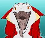 ambiguous_gender black_lips bodily_fluids cheek_tuft drooling facial_tuft fangs fur jeany545 lips looking_at_viewer mouth_shot open_mouth orange_eyes palate red_body red_fur saliva sergal solo teeth tongue tuft white_body white_fur