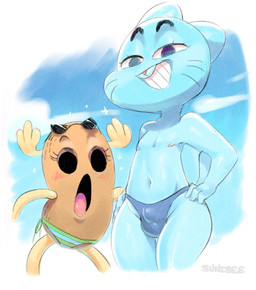 amazed anthro antlers bikini blue_body blue_fur bulge clothed clothing duo eyewear fur horn looking_at_viewer male navel nipples open_mouth shota smile sparkles speedo sunglasses swimwear teasing topless two-piece_swimsuit wide_hipped_male wide_hips young young_anthro young_male sunibee cartoon_network the_amazing_world_of_gumball gumball_watterson penny_fitzgerald felid mammal
