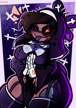 4_hands :3 big_breasts black_body black_clothing black_dress black_hair black_legwear black_sclera black_thigh_highs blood bodily_fluids bow_ribbon breasts brown_body brown_hair brown_skin christian_cross christian_symbol clasped_hands clothing corpse cross cross_necklace disguise dress emphasis_lines eyeshadow female freckled_face freckles garter_straps glowing glowing_eyes gore grey_body grey_tongue hair huge_breasts huge_thighs jewelry legwear machine makeup metallic_body multi_hand necklace night nightmare_fuel nun nun_habit nun_outfit one_eye_closed purple_background religion religious_clothing religious_symbol screen screen_face segmented_body simple_background skinsuit snow solo steam stockings text thick_thighs thigh_highs tight_clothing tongue tongue_out white_body wide_hips x_eyes yellow_eyes diddlydooter1 christianity glitch_productions murder_drones cyn_(murder_drones) tessa_(murder_drones) eldritch_abomination human humanoid mammal patchwork_creature robot robot_humanoid undead worker_drone zombie artist_name digital_drawing_(artwork) digital_media_(artwork) hi_res signature