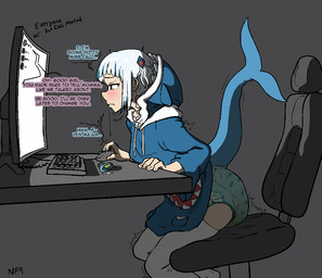 blush bodily_fluids chair clothing computer computer_mouse diaper duo electronics exhibitionism feces female furniture genital_fluids good_girl green_diaper hair honorific keyboard legwear looking_pleasured offscreen_character pacifier peeing pigtails shaking short_pigtails simple_background sitting soiled_diaper soiling solo_focus stuttering text thigh_highs trembling unclean_diaper urine used_diaper white_hair nasfan9 hololive hololive_en vtuber gawr_gura mori_calliope animal_humanoid aquatic aquatic_humanoid fish fish_humanoid humanoid mammal shark_humanoid english_text