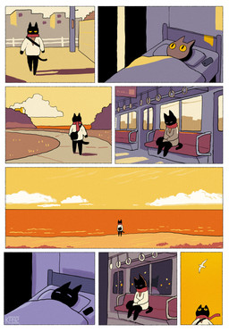 8_panel_comic ambiguous_gender anthro bag beach bed bedding bedroom black_bag black_body black_eyes black_fur blanket border cellphone city clothed clothed_anthro clothing cloud crossbody_bag curtains day detailed_background dusk electronics eyes_closed fur furniture grass inside light looking_up lying morning narrowed_eyes night on_bed outside phone pillow plant red_scarf sand scarf sea shrub sidewalk sign sitting sky sleeping solo standing sweater tail text topwear train tree under_covers utility_pole vehicle walking water white_border window yellow_sclera ka92 avian bird domestic_cat felid feline felis gull lari larid mammal 2021 artist_name comic hi_res