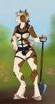 blonde_hair body_gear breasts female hair hooves nipples shovel solo tools work_gear yellow_eyes keisha_makainn gypsy_(hafoc) equid equine gypsy_vanner horse mammal hi_res