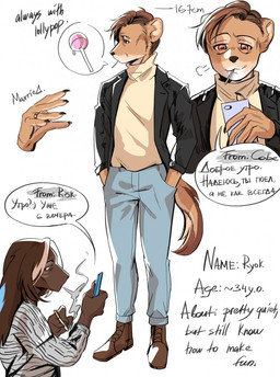 anthro black_clothing black_jacket black_topwear blue_bottomwear blue_clothing blue_pants bottomwear brown_body brown_fur brown_hair clothed clothing duo electronics floppy_ears front_view fur hair holding_object holding_phone jacket male male_anthro mouth_closed orange_body orange_fur pants phone short_hair side_view simple_background smoke smoking speech_bubble text topwear white_background yellow_clothing yellow_topwear cobu cobby_(cobe_xiu-xiu) cyrillic_text hi_res translation_request