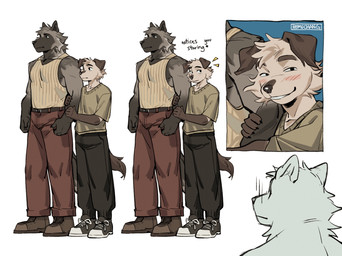 anthro biped black_body black_eyes black_fur blush brown_body brown_fur duo_focus floppy_ears fur group hugging_arm male muscular muscular_anthro muscular_male slim_anthro slim_male standing trio hemuchang canid canine canis domestic_dog fox mammal platinum_fox red_fox true_fox wolf 2025 hi_res