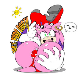 ^_^ anthro anus anus_peek biped butt camel_toe clitoris clitoris_outline clothing dialogue ear_piercing erect_clitoris erect_clitoris_under_clothing eyes_closed female genitals hair inviting laugh lying on_back panties piercing pink_body pink_hair playful presenting simple_background smile solo sun teasing text underwear white_background jikylio sega sonic_the_hedgehog_(series) amy_rose eulipotyphlan hedgehog mammal english_text