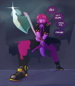 angry axe black_clothing black_jacket black_topwear boots bracelet clothing footwear hair jacket jewelry melee_weapon pink_hair purple_body purple_skin shoes solo speech_bubble spiked_bracelet spikes teeth text topwear weapon corablue deltarune undertale_(series) susie_(deltarune) monster reptile scalie 2018 english_text hi_res