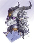 anthro black_sclera ear_piercing ear_stud ears_back eyelashes female glistening glistening_eyes grey_body grey_hair grey_horn hair horn mouth_closed piercing pivoted_ears purple_eyes solo white_body marie_merkh mythology dragon mythological_creature mythological_scalie scalie artist_name bust_portrait hi_res portrait signature