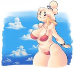 anthro belly big_breasts bikini bracelet breasts clothed clothing cloud female huge_thighs jewelry navel skimpy slightly_chubby slightly_chubby_female solo swimwear thick_thighs two-piece_swimsuit wide_hips wristband panthera_cantus animal_crossing nintendo isabelle_(animal_crossing) canid canine canis domestic_dog mammal hi_res