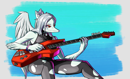 amber_eyes anthro black_bottomwear black_clothing black_jeans black_pants bottomwear bracelet claws clothed clothed_anthro clothed_female clothing denim denim_bottomwear denim_clothing elbow_feathers electric_guitar eyelashes eyeliner feathered_wings feathers female female_anthro fingers grey_body grey_hair grey_scales guitar hair halter_top jeans jewelry long_hair makeup musical_instrument pants playing_guitar playing_music plucked_string_instrument scales simple_background sitting snout solo string_instrument text torn_bottomwear torn_clothing torn_jeans torn_pants wings thecosmik goodbye_volcano_high ko_op_(game_developer) fang_(gvh) prehistoric_species pterosaur reptile scalie 2023 artist_name digital_drawing_(artwork) digital_media_(artwork) hi_res signature