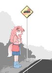 anthro bag bottomwear canid canine clothed clothing comic digital_media_(artwork) female fox fur fur_(theterm) grass hair hi_res long_hair mammal pink_body pink_fur pink_hair plant sign simple_background skirt solo street tail theterm topwear young