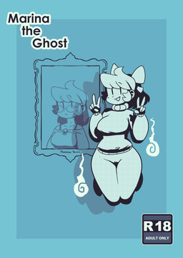 5_fingers accessory big_breasts black_text blue_background bottomless bottomless_female bottomless_humanoid bow_ribbon breasts clothed clothing double_v_sign female female_humanoid fingers floating genitals gesture hair hair_accessory hair_bow hair_ribbon hand_gesture humanoid_genitalia humanoid_vulva looking_at_viewer not_furry open_mouth open_smile ponytail ribbons shadow simple_background smile solo sweater text thick_thighs topwear v_sign vulva wide_hipped_female wide_hipped_humanoid wide_hips noill marina_(noill) ghost humanoid spirit will-o'-the-wisp 2018 absurd_res character_name cover cover_art cover_page digital_media_(artwork) hi_res