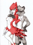 anthro arm_support avian beak bird blue_eyes breasts clothing convenient_censorship daigaijin dawn_(zapher) duo feathers female footwear legwear looking_at_viewer male mammal nipples non-mammal_breasts non-mammal_nipples nude painting_(artwork) procyonid raccoon socks stirrup_socks tail tail_censorship third-party_edit traditional_media_(artwork) watercolor_(artwork) zapher