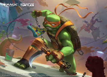 3_fingers action_pose anthro belt chain clothing disembodied_hand fingerless_gloves fingers furniture gloves green_body handwear holding_melee_weapon holding_object holding_weapon male melee_weapon muscular muscular_male on_table pizza_in_mouth pose shell smile table tentacles text weapon thatjaykart hasbro magic:_the_gathering teenage_mutant_ninja_turtles wizards_of_the_coast michelangelo_(tmnt) reptile scalie turtle 2026 digital_media_(artwork) english_text hi_res official_art