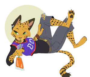 3_toes anthro barefoot belt beverage bottomwear bracelet clothing collar crossed_legs denim denim_bottomwear denim_clothing drinking ear_piercing ear_ring facial_markings feet female fur green_eyes hand_on_leg head_markings head_tuft holding_beverage holding_object jeans jersey jewelry long_sleeve_shirt long_tail looking_aside lying markings on_back pants pawpads piercing plastic_bag pointy_ears pose pupils ring_piercing shirt simple_background sipping slit_pupils smile solo spots spotted_body spotted_fur striped_markings stripes tail text toes topwear torn_bottomwear torn_clothing torn_jeans torn_pants tuft yellow_body yellow_fur ruffu pepper_in_the_sandbox pepper_(ruffu) felid feline mammal serval 2025 colored detailed digital_drawing_(artwork) digital_media_(artwork) shaded