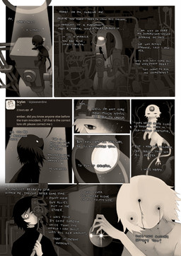 ambiguous_gender black_body black_clothing black_eyes black_fur black_hair black_shirt black_topwear bodily_fluids clothing crown crying detailed_background dialogue dot_eyes duo facial_markings forehead_markings fur group hair head_markings headgear holding_orb lamp light machine markings metal orb roots shirt simple_eyes talking_to_another tears text topwear trio valve_(mechanical) jejejunum ember_(jejejunum) fraid_(species) human humanoid mammal spirit 2026 comic english_text hi_res monochrome