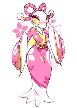 anthro asian_clothing blush breasts clothing east_asian_clothing female japanese_clothing kimono looking_at_viewer non-mammal_breasts pink_clothing pink_kimono solo white_body wide_hips yellow_eyes 87_god deltarune undertale_(series) mantis_(deltarune) arthropod darkner flower_mantis insect mantis orchid_mantis hi_res