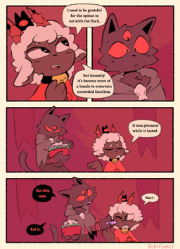 2_horns 3_eyes ambiguous_anthro ambiguous_gender anthro bowl clothed clothed_ambiguous clothing container dialogue duo eye_contact food fur holding_bowl holding_container holding_food holding_object horn looking_at_another multi_eye red_eyes speech_bubble talking_to_another text white_body white_fur white_wool wool_(fur) rubyfunkey cult_of_the_lamb massive_monster_(studio) lamb_(cult_of_the_lamb) narinder bovid caprine domestic_cat felid feline felis mammal sheep 2024 comic digital_drawing_(artwork) digital_media_(artwork) english_text hi_res
