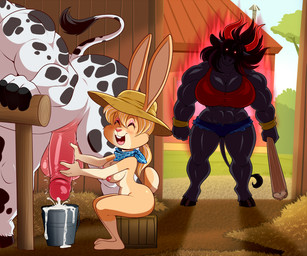 angry anthro balls bent_over big_breasts big_penis biped blonde_hair blush blush_lines bodily_fluids bottomwear breasts bucket buckteeth caught_in_the_act clothed clothed_anthro clothed_female clothing club_(weapon) container cum cum_in_bucket cum_in_container daisy_dukes denim denim_bottomwear denim_clothing denim_shorts eyeshadow faceless_anthro faceless_character faceless_male female genital_fluids genitals group hair handjob hat headgear headwear holding_club holding_melee_weapon holding_object holding_weapon horn hotpants humanoid_genitalia humanoid_hands humanoid_penis husband_and_wife infidelity kerchief larger_male makeup male male/female married_couple melee_weapon mostly_nude mostly_nude/nude mostly_nude_anthro mostly_nude_female muscular muscular_anthro muscular_male neckerchief neckwear nude nude_anthro nude_male open_mouth penile penis penis_milking pink_eyeshadow pink_nose ponytail sex shorts sitting size_difference smaller_female smile straw_hat sweatband teeth thick_thighs tongue trio weapon white_body lonbluewolf nameless_character bovid bovine cattle dairy_cattle holstein_friesian_cattle lagomorph leporid mammal rabbit 2025 6:5 hi_res