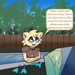 anthro anthrofied areola bangs bikini bikini_bottom bikini_top blue_eyes breasts brown_body clothing dialogue eyewear female fur genitals glasses humanoid_hands looking_pleasured looking_up masturbation nipples nude nude_anthro nude_female open_mouth outdoor_nudity picket_fence pink_areola pink_inner_ear pink_nipples pink_vulva pokemorph pool_jet rectangular_glasses solo speech_bubble swimming_pool swimwear talking_to_viewer text two-piece_swimsuit vaginal vaginal_masturbation vulva water_jacking wearing_glasses yellow_body yellow_fur abby_abra_(artist) nintendo pokemon abby_(abra) fan_character abra generation_1_pokemon mammal pokemon_(species) 1:1 2026 digital_drawing_(artwork) digital_media_(artwork) english_text hi_res