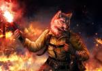 anthro black_lips black_nose blue_eyes clothed clothing fire flare_(object) fur lips male snarling solo standing teeth white_body white_fur wolnir canid canine canis mammal wolf 2018