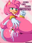 after_sex anthro blush bodily_fluids clothing cum cum_in_ass cum_inside dialogue female genital_fluids gesture gloves hair hand_gesture handwear looking_at_viewer looking_back looking_back_at_viewer pink_body pink_hair smile smiling_at_viewer solo tan_body text v_sign countmoxi sega sonic_the_hedgehog_(series) amy_rose eulipotyphlan hedgehog mammal 2024 english_text