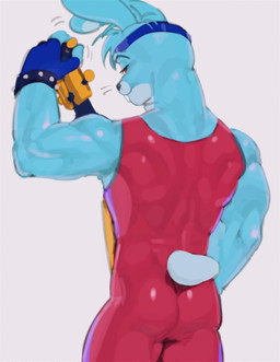 anthro back_muscles bass_guitar biceps blue_body blue_fur blue_hair buckteeth butt clothed clothing ear_piercing ear_ring eyebrows fingerless_gloves fully_clothed fur gloves guitar hair half-closed_eyes handwear male muscular muscular_anthro muscular_male musical_instrument narrowed_eyes piercing plucked_string_instrument rear_view red_eyes ring_piercing smile solo string_instrument sweatband teeth kogito five_nights_at_freddy's scottgames glamrock_bonnie_(fnaf) lagomorph leporid mammal rabbit 2023 absurd_res digital_media_(artwork) hi_res