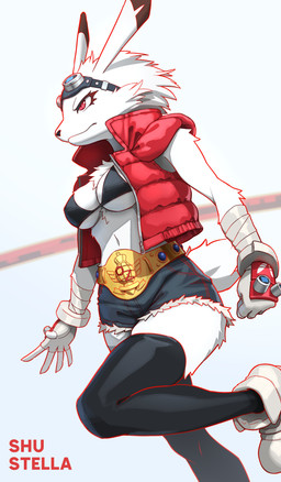 arm_wraps big_breasts bikini black_bikini_top black_nose bottomwear breasts brown_ear_tips cleavage clothed clothing crossgender daisy_dukes denim denim_bottomwear denim_clothing denim_shorts dipstick_ears ear_markings eyelashes female fingerless_gloves footwear fur gloves hair handwear hotpants jacket legwear long_eyelashes midriff monotone_body mtf_crossgender multicolored_ears navel open_clothing open_jacket open_topwear puffy_jacket red_clothing red_eyes red_jacket red_topwear scut_tail shoes short_tail shorts simple_background skindentation sneakers solo string_bikini swimwear tail text thigh_highs topwear two-piece_swimsuit white_background white_body white_breasts white_clothing white_ears white_footwear white_fur white_hair white_sclera white_shoes white_tail wraps wrestling_belt shu_stella summer_wars king_kazma animal_humanoid humanoid lagomorph lagomorph_humanoid leporid_humanoid mammal mammal_humanoid rabbit_humanoid 2025 absurd_res artist_name hi_res