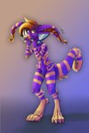 anthro blonde_hair cone_of_shame digitigrade hair long_ears long_tail male markings medical_instrument purple_body scientific_instrument solo tail yellow_eyes yellow_markings drqube crux 2:3 hi_res sketch unfinished