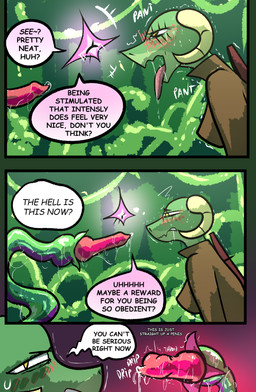 anthro clothed clothing dialogue female genitals group horn penis penis_tentacles questionable_consent speech_bubble tentacles text trio brradett lernie_(brradett) love_goddess_(brradett) scalie absurd_res colored comic digital_media_(artwork) english_text hi_res