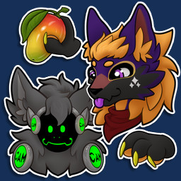 anthro black_body black_fur black_hair black_hand black_hands black_nose body_hair c.a.m. chest_fur chest_hair chest_tuft cybernetics digitigrade duo fingers fluffy fluffy_ears fluffy_hair food fruit fur glowing glowing_body glowing_eyes green_body green_eyes grey_body grey_fur grey_hair hair handkerchief holding_food holding_object kerchief looking_at_viewer machine male mango mango_(fruit) metal metallic_body military multicolored_body multicolored_fur neck_tuft orange_body orange_fur orange_hair plant prosthetic protogen_armor protogen_face protogen_visor protogenized purple_body purple_eyes purple_fur purple_hair purple_tongue robotic screen screen_face smile soldier special_forces sticker tongue tongue_out tuft warrior arcanelynx mythology yuri_chacal zarkus_(fluffyzarkus) canid canine canis jackal mammal mythological_creature novabeast protogen 1:1 alpha_channel digital_drawing_(artwork) digital_media_(artwork) hi_res