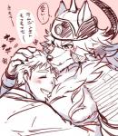 blush duo hug male male/male mongolian mongolian_clothing multicolored_body simple_background text imht_tsmrn lifewonders tokyo_afterschool_summoners shinya_(tas) temujin_(tas) canid canine canis human mammal wolf 2017 japanese_text