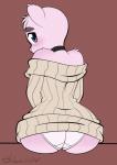 anthro big_butt blue_eyes blush butt choker clothed clothing curvy_figure female fur jewelry necklace panties pink_body pink_fur shy sitting solo sweater sweater_dress topwear underwear voluptuous white_clothing white_panties white_underwear wide_hips silverboltbw lilly_(silverboltbw) bear mammal 2018 absurd_res hi_res