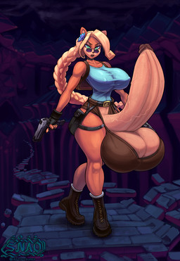 accessory anthro ball_bra balls big_balls big_breasts big_bulge big_penis blonde_hair boots bottomwear braided_hair breasts brown_body bulge clothed clothing cosplay crossover_cosplay erection eyebrows eyewear fingerless_gloves fingers flower flower_in_hair footwear genitals gloves green_eyes gun gynomorph hair hair_accessory handgun handwear holidays hotpants huge_balls huge_breasts huge_penis hyper hyper_balls hyper_genitalia hyper_penis intersex long_hair looking_at_viewer multicolored_body nipple_outline partially_clothed penis plant ranged_weapon shoes shorts skimpy small_waist solo standing sunglasses text thick_thighs topwear two_tone_body vein veiny_balls veiny_penis weapon snao activision crash_bandicoot_(series) halloween tomb_raider coco_bandicoot lara_croft bandicoot mammal marsupial 2022 artist_name crossover dated digital_media_(artwork) full-length_portrait hi_res portrait