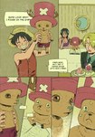 anthro antlers bottomwear brown_body brown_fur clothing dialogue female fur grin group hat headgear headwear horn humor male scared shorts smile text tesstessgreen one_piece monkey_d._luffy sanji_(one_piece) tony_tony_chopper deer human mammal new_world_deer reindeer absurd_res comic english_text hi_res