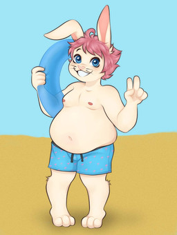 ahoge anthro beach belly clothing floppy_ears hair inflatable male moobs nipples overweight overweight_male pattern_clothing pink_hair pool_float sand seaside slightly_chubby smile solo swimming_trunks swimwear whiskers vicky_art joshie_(calahootheyeen) hare lagomorph leporid mammal rabbit 3:4 full-length_portrait hi_res portrait
