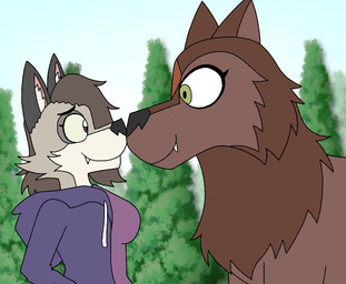 aged_up anthro anthro_on_feral bestiality big_breasts bodily_fluids breasts brown_body brown_fur clothed clothed_anthro clothed_female clothing duo eyes_closed face_lick female female/female feral forest forest_background fur green_eyes grey_body grey_fur hair hoodie inner_ear_fluff larger_female larger_feral licking mature_female mature_feral nature nature_background nose_focus plant purple_eyes saliva size_difference smaller_anthro smaller_female smile smiling_at_another sniffing tongue tongue_out topwear tree tuft white_body white_fur lillyluvmonster cartoon_saloon great_wolf_lodge the_great_wolf_pack:_a_call_to_adventure wolfwalkers moll_mactire violet_wolf canid canine canis mammal wolf animated