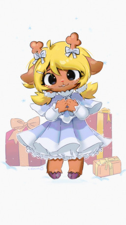 anthro antlers black_eyes blonde_hair brown_body brown_fur buckteeth clothing cloven_hooves dress eyebrows eyelashes female freckled_face freckles fur gift hair hooves horn innocent_expression looking_at_viewer simple_background snow snowflake solo teeth young young_anthro young_female bunsidhe deltarune undertale_(series) noelle_holiday cervine deer mammal 2025 absurd_res digital_media_(artwork) hi_res signature