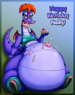 accessory anthro belly big_belly birthday_candle bottom_heavy breasts cake cake_slice candle clothing dessert eating eyelashes female fire food footwear fruit hair headband huge_belly huge_thighs leggings legwear multicolored_body multicolored_scales non-mammal_breasts obese obese_anthro obese_female overweight overweight_anthro overweight_female plant plate purple_body purple_scales red_hair scales shoes sitting sneakers solo strawberry stuffing text thick_thighs tongue tongue_out topwear two_tone_body two_tone_scales ventral_scales wide_hips wings viroveteruscy disney mythology quack_pack nelly_(quack_pack) dragon mythological_creature mythological_scalie scalie 2025 absurd_res digital_media_(artwork) english_text hi_res