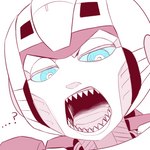 blue_eyes ellipsis female machine mouth_shot not_furry open_mouth question_mark sharp_teeth solo teeth gum-k hasbro takara_tomy transformers arcee cybertronian humanoid living_machine robot robot_humanoid 1:1 2023 restricted_palette